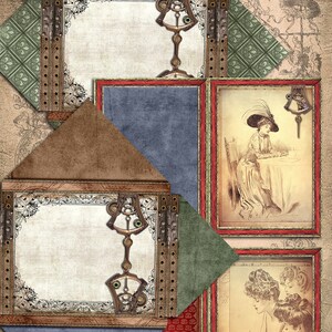 Op de afbeelding: Printbare enveloppen en kaarten met een vintage esthetiek. De afbeelding toont vier frames met verschillende ontwerpen, waaronder een vrouw die een boek leest, een vrouw die aan een tafel zit en twee sierlijke frames met lege ruimtes voor tekst.