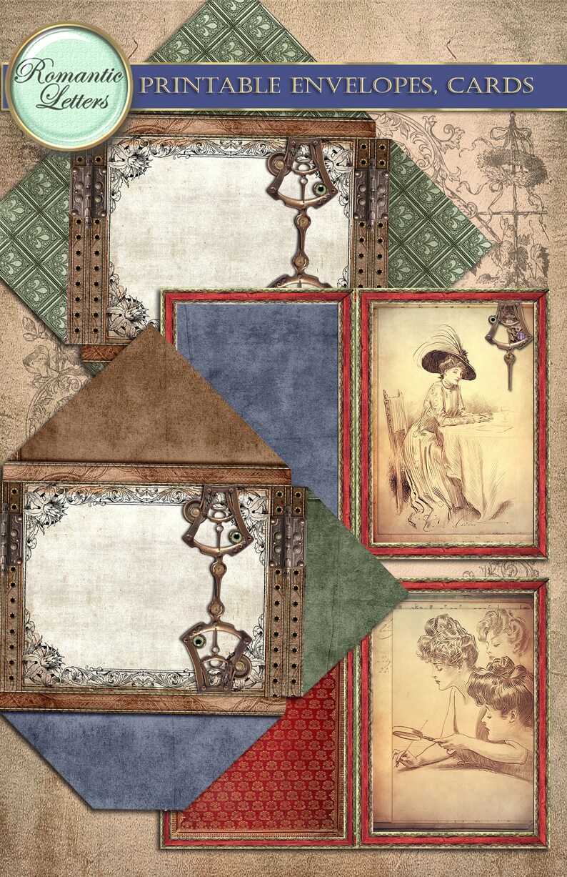 Op de afbeelding: Printbare enveloppen en kaarten met een vintage esthetiek. De afbeelding toont vier frames met verschillende ontwerpen, waaronder een vrouw die een boek leest, een vrouw die aan een tafel zit en twee sierlijke frames met lege ruimtes voor tekst.