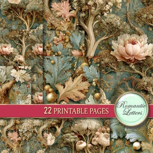 May include: A digital collage featuring a repeating pattern of stylized trees, flowers, and foliage in muted tones of teal, beige, and peach. The text "22 PRINTABLE PAGES" is displayed on a red banner, with a circular logo that reads "Romantic Letters".