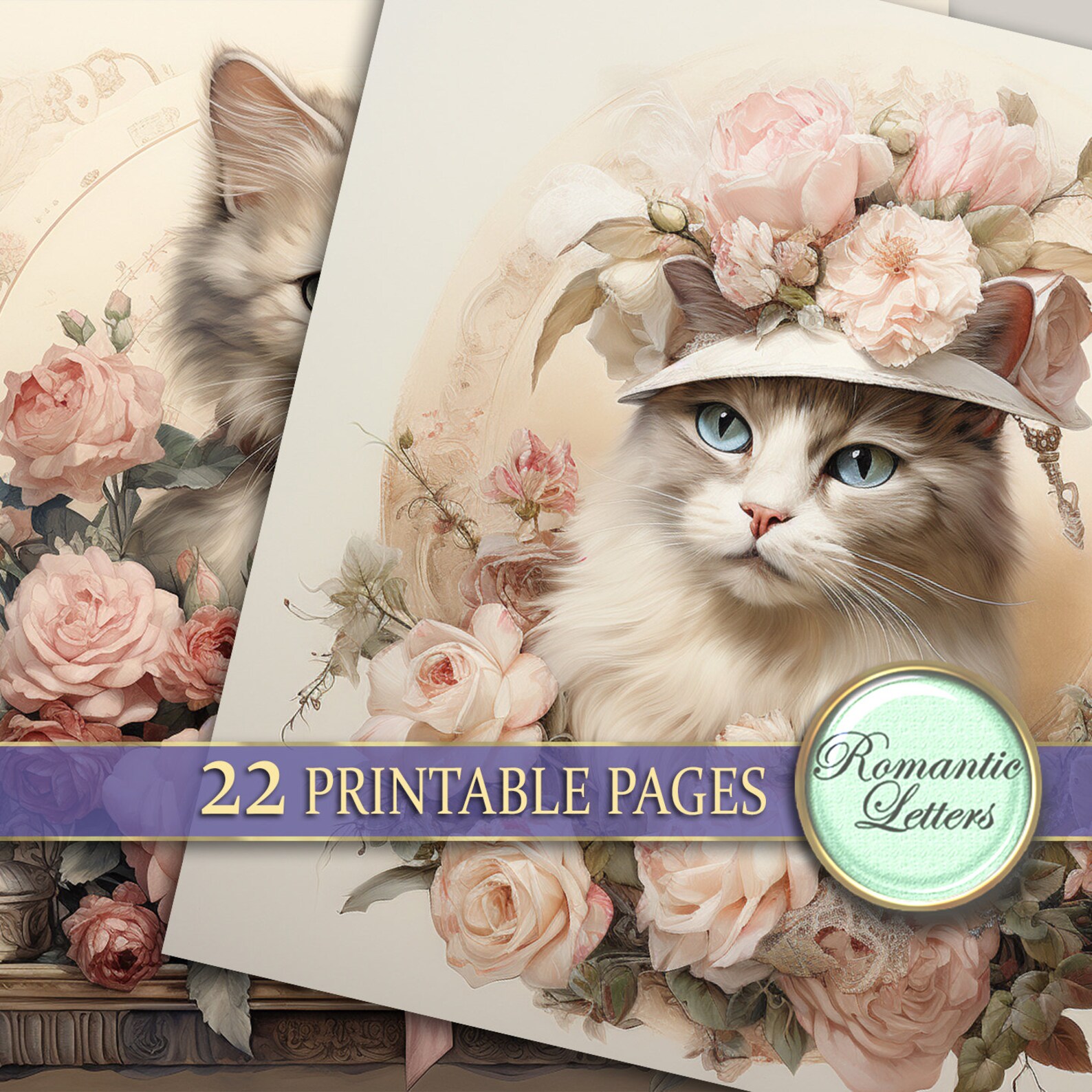 Cats and Rose Flowers Floral Digital Scrapbook Paper Pack Shabby Chic ...