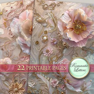 May include: A digital paper pack with 22 printable pages featuring a delicate floral design with pink flowers, gold accents, and intricate lace patterns. The text "Romantic Letters" is visible in the image.