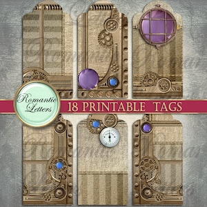 May include: Set of 18 printable gift tags featuring a steampunk design with gears, cogs, and metallic accents. The tags are brown with a striped pattern and have a vintage look.