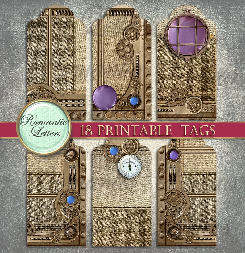 May include: Set of 18 printable gift tags featuring a steampunk design with gears, cogs, and metallic accents. The tags are brown with a striped pattern and have a vintage look.