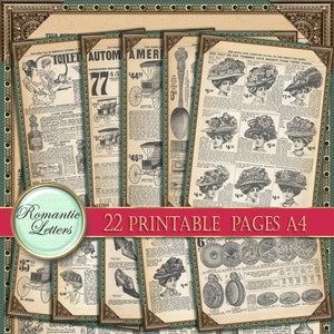 Pack de papier numérique pour scrapbooking, papier imprimable numérique, journal éphémère vintage, vieux papier, pages de magazine victorien, 8 x 11 A4