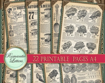 Digital paper pack scrapbook background paper digital printable paper vintage ephemera journal old paper Victorian magazine pages 8x11 A4