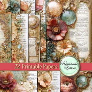 Op de afbeelding: Een collectie van 22 printbare papieren met brieven in vintage-stijl, cursief handschrift en botanische bloemenillustraties in roze, goud en groen, geaccentueerd met cirkelvormige, glasachtige elementen en sierlijke gouden lijsten.