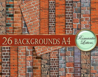May include: 26 brick wall backgrounds in A4 size. The backgrounds feature different brick patterns and colors, including red, brown, and gray.