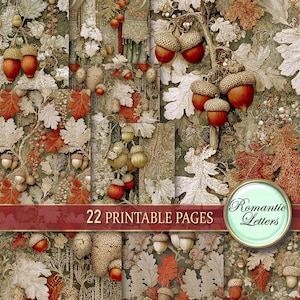 Puede incluir: Un collage de arte digital con temática otoñal, con bellotas, hojas de roble y vides en tonos rojos, marrones y crema. El texto "22 PRINTABLE PAGES" se muestra en una pancarta burdeos. Un logotipo circular dice "Romantic Letters".