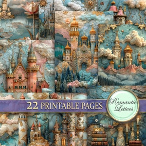 Digital printable scrapbook paper pack fairytale castle Patchwork fabric printable craft paper embroidery quilt fantasy junk journal pages