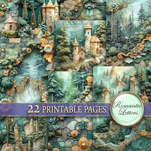 Digital printable scrapbook paper pack Magic forest castle Patchwork fabric printable craft paper embroidery quilt junk journal pages