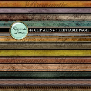 Könnte beinhalten: Digitales Kunst-Grafik mit verschiedenen strukturierten Lederstreifen in Braun-, Grün- und Goldtönen mit weißen Nähten. Das Bild enthält ein rundes Emblem mit dem Text "Romantic Letters" und dem Text "44 CLIP ARTS + 5 PRINTABLE PAGES".