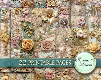 Printable junk journal pages digital scrapbook paper pack lace vintage Shabby chic decoupage rose flowers collage Victorian quilt patchwork