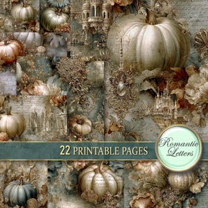May include: A vintage-style collage with pumpkins, floral designs, and architectural elements in beige, brown, and teal. The text "22 PRINTABLE PAGES" is on a green banner, with "Romantic Letters" in a circular frame, evoking a classic aesthetic.