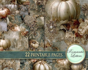 May include: A collage of vintage-style images featuring pumpkins, floral elements, and architectural details in muted tones of beige, brown, and teal. The text "22 PRINTABLE PAGES" is displayed on a green banner, with "Romantic Letters" in a circular frame.