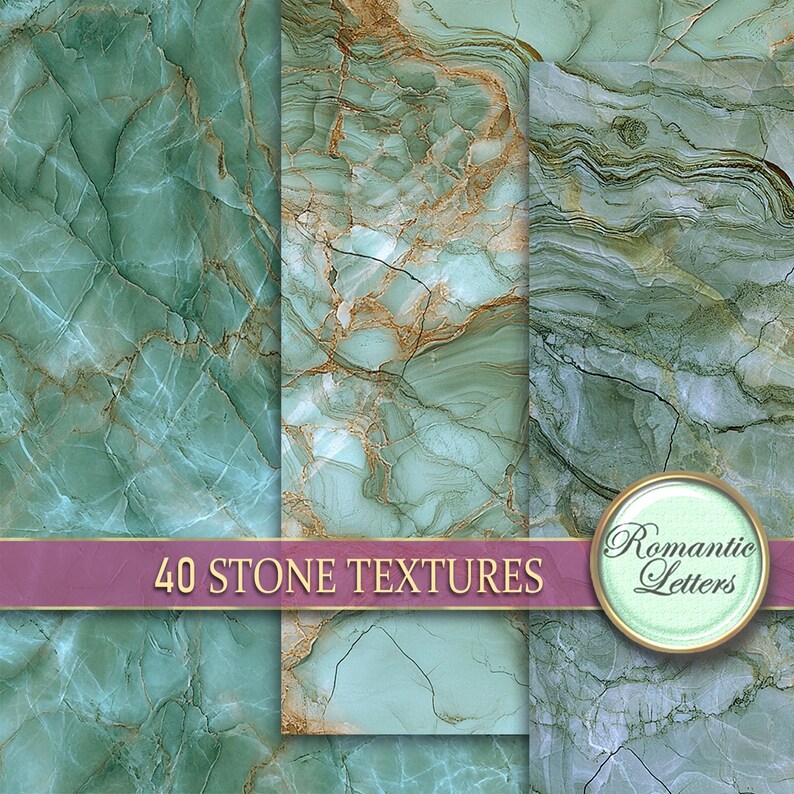 May include: Three digital paper textures featuring a green and gold marble pattern. The text "40 STONE TEXTURES" is displayed across the middle of the image. A circular logo with the text "Romantic Letters" is in the bottom right corner.