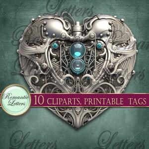 May include: A silver heart-shaped metal object with intricate details and blue gemstones. The heart is surrounded by a teal background with the text "10 CLPARTS, PRINTABLE TAGS" in a burgundy banner.