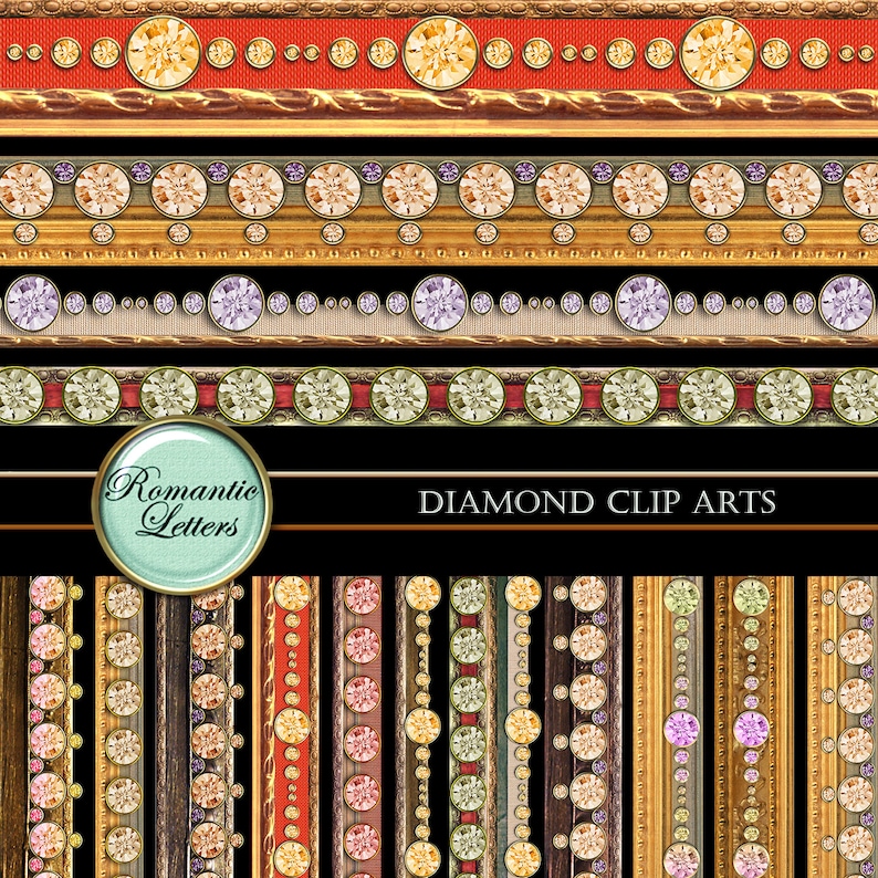 May include: A set of 18 digital clip art images featuring various borders with diamond-like designs. The borders are in gold, red, and black with different colored diamonds. The text "Romantic Letters" and "Diamond Clip Arts" is included in the image.