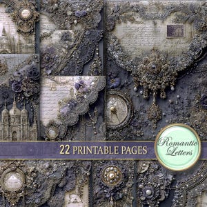 Puede incluir: Un collage de 22 páginas imprimibles con temática romántica. Las páginas presentan diseños vintage ornamentados con encaje, perlas y detalles florales en tonos grises, morados y dorados. El texto "Romantic Letters" es visible.