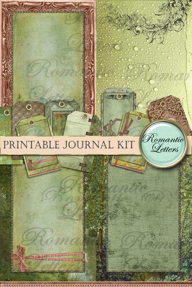 May include: A printable journal kit with a romantic theme. The design features a green and brown color scheme with decorative tags, frames, and text elements. The words "Printable Journal Kit" and "Romantic Letters" are visible.