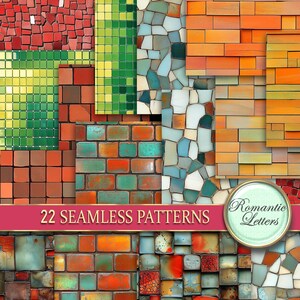 May include: A collection of 22 seamless patterns featuring various textures and colors. The patterns include brick, mosaic, and stone designs in shades of red, green, orange, and blue. The text "22 SEAMLESS PATTERNS" is displayed on a pink banner, with a circular logo in the bottom right corner.