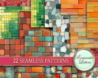 May include: A collection of 22 seamless patterns featuring various textures and colors. The patterns include brick, mosaic, and stone designs in shades of red, green, orange, and blue. The text "22 SEAMLESS PATTERNS" is displayed on a pink banner, with a circular logo in the bottom right corner.