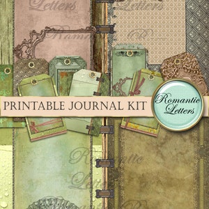 May include: A digital collage featuring a printable journal kit with a vintage aesthetic. The design incorporates various elements such as frames, tags, and a fan, all in muted green, brown, and beige tones. The text "Romantic Letters" is visible.