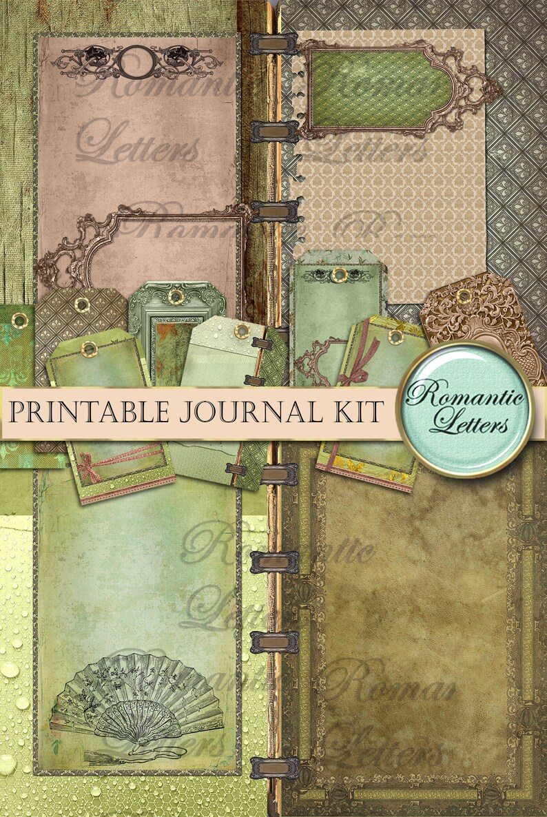 May include: A digital collage featuring a printable journal kit with a vintage aesthetic. The design incorporates various elements such as frames, tags, and a fan, all in muted green, brown, and beige tones. The text "Romantic Letters" is visible.