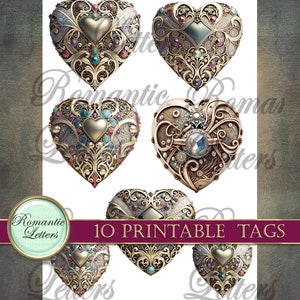 May include: Ten printable tags featuring ornate gold heart designs with intricate details, jewels, and a steampunk style heart. The tags are perfect for adding a touch of vintage charm to your crafts and projects.