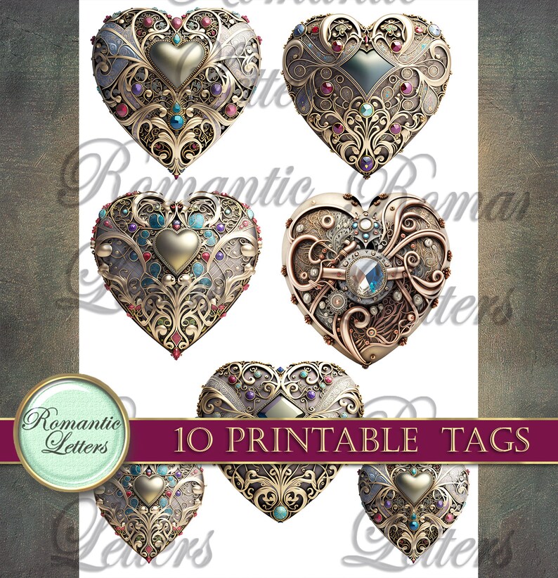 May include: Ten printable tags featuring ornate gold heart designs with intricate details, jewels, and a steampunk style heart. The tags are perfect for adding a touch of vintage charm to your crafts and projects.