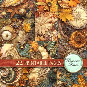 Könnte beinhalten: Eine detaillierte Collage aus herbstlicher Textilkunst mit aufwendigen Stickereien, Spitze und Perlen in Gold-, Braun- und Türkistönen. Das Bild enthält den Text "22 PRINTABLE PAGES" und ein rundes Logo mit der Aufschrift "Romantic Letters".