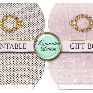 May include: Printable gift box template with a pink and white linen pattern. The template features a gold ornate frame with a circle in the center. The text "Printable Gift Boxes" is printed on a pink ribbon.