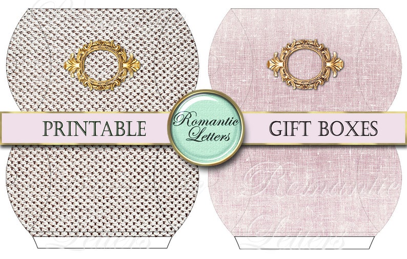 May include: Printable gift box template with a pink and white linen pattern. The template features a gold ornate frame with a circle in the center. The text "Printable Gift Boxes" is printed on a pink ribbon.