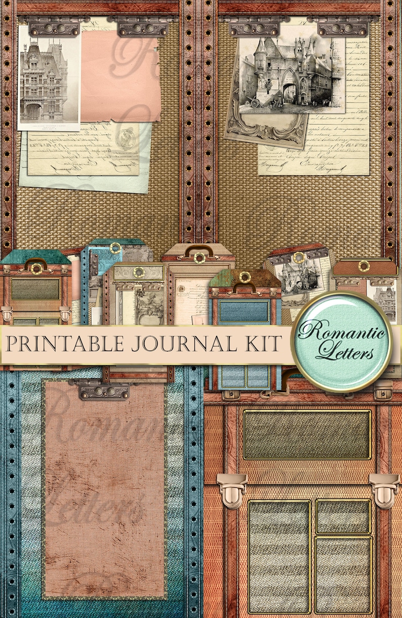 Printable travel journal kit digital scrapbooking printable junk journal craft paper A4 8.5x11 mini album printable journal pages tags card image 8