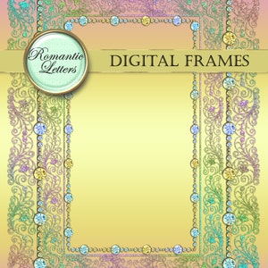 May include: A digital frame with a glittery, ornate border. The border is made up of swirls and vines with a row of colorful jewels. The background is a gradient of pink and yellow.