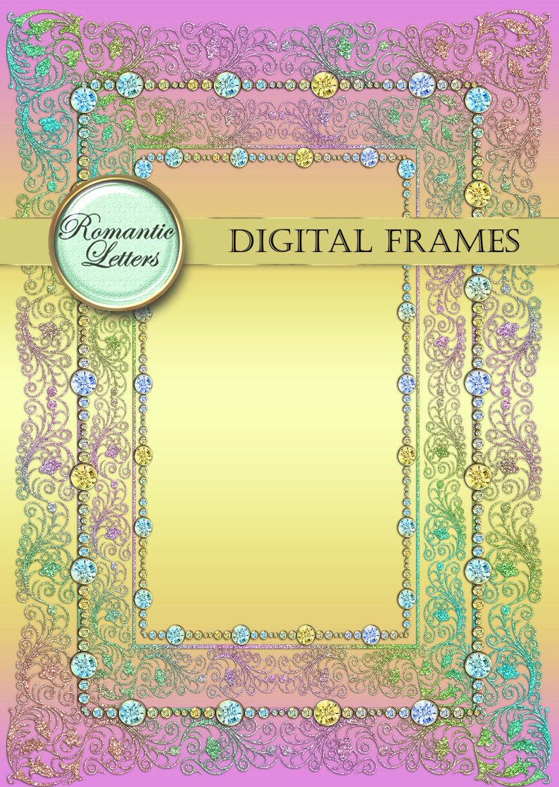 May include: A digital frame with a glittery, ornate border. The border is made up of swirls and vines with a row of colorful jewels. The background is a gradient of pink and yellow.