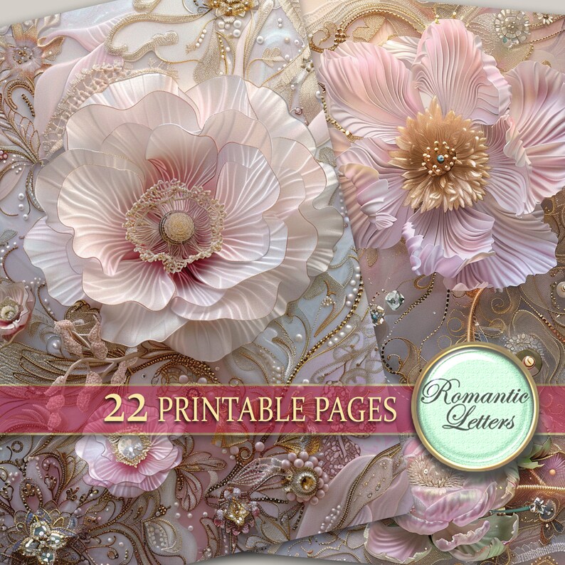 May include: A set of 22 printable pages featuring delicate pink and gold floral designs. The pages are perfect for scrapbooking, card making, or other paper crafts. The text "Romantic Letters" is visible in the image.
