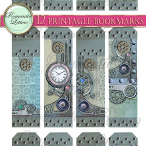 Puede incluir: Doce marcadores imprimibles con un dise&ntilde;o steampunk con engranajes, relojes y otros elementos industriales. Los marcadores est&aacute;n en tonos de azul, verde y marr&oacute;n.