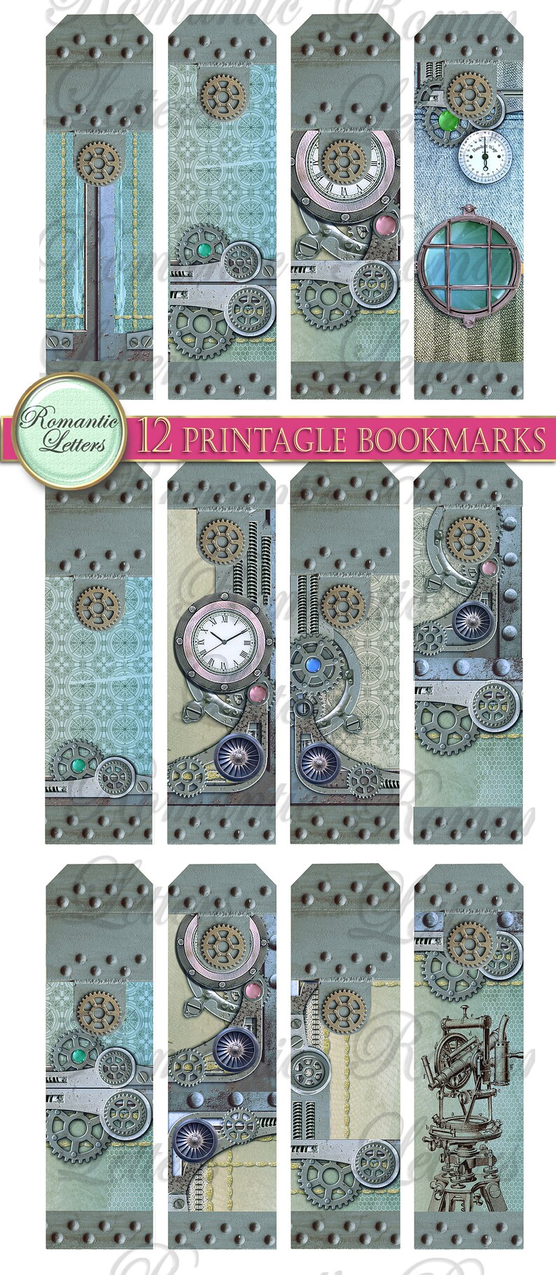 Puede incluir: Doce marcadores imprimibles con un dise&ntilde;o steampunk con engranajes, relojes y otros elementos industriales. Los marcadores est&aacute;n en tonos de azul, verde y marr&oacute;n.