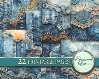 Digital printable scrapbook paper pack junk journal paper Patchwork fabric stitched printable craft paper denim embroidery jeans texture A4