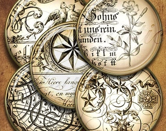 May include: Set of five round, cream-colored coasters with black and white vintage illustrations. The illustrations include a compass, a flower, a musical score, and a star with swirls. The coasters have a gold-colored rim.