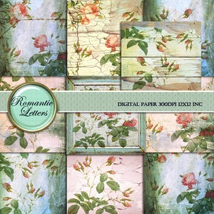 Pacchetto di carta digitale Sabby Rose, carta per scrapbooking digitale, sfondo per matrimonio, carta Shabby chic, texture digitale in legno, carta per decoupage stampabile, floreale