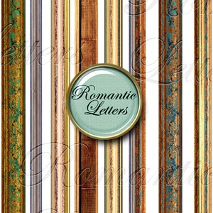May include: Set of eight digital paper textures featuring various wood grain patterns in shades of brown, gold, and teal. The textures are distressed and have a vintage look. The text "Romantic Letters" is displayed in a circle on the image.