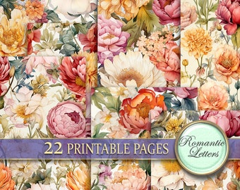 May include: A collage of 22 printable pages featuring a floral pattern with pink, red, white, and yellow flowers. The text "Romantic Letters" is in a circle on the bottom right corner of the image.