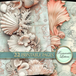 Ocean Corals Scrapbook Digital Printable Paper Pack Map Background Craft Paper Shabby Chic ...