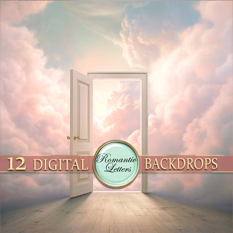 May include: A white door opens to reveal a sky filled with fluffy pink and white clouds. The door is set against a backdrop of a light blue sky with a soft glow. The text "12 DIGITAL BACKDROPS" is displayed at the bottom of the image.