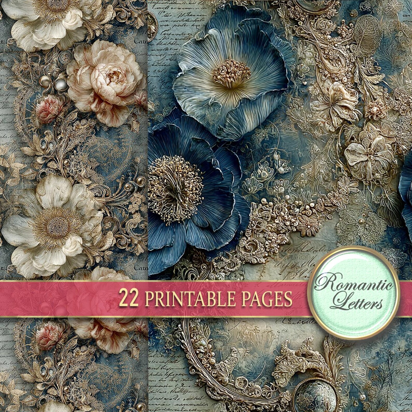 Blue Digital Printable Scrapbook Paper Pack Shabby Chic Flowers Baroque ...