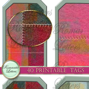 May include: Forty printable tags with a patchwork design in shades of red, brown, and green. The tags have a stitched border and a distressed look.