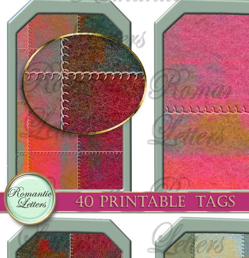 May include: Forty printable tags with a patchwork design in shades of red, brown, and green. The tags have a stitched border and a distressed look.