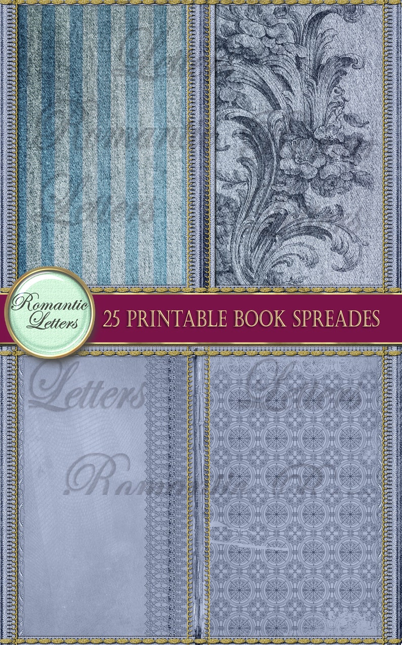 May include: A set of 25 printable book spreads featuring a variety of blue and white patterns, including stripes, floral designs, and geometric patterns. The text "Romantic Letters" and "25 Printable Book Spreads" is visible on the image.