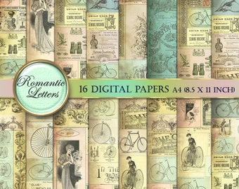 Paquete de papel digital para álbumes de recortes efímeros, papel digital victoriano imprimible, papel digital para manualidades, papel para revistas A4 de 8,5 x 11 pulgadas